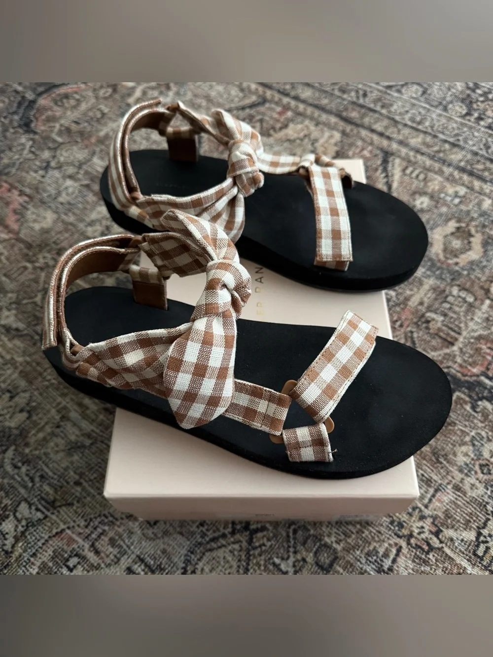 Loeffler Randall Maisie Brown and Cream Gingham Bow Sandals